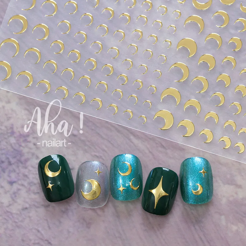 Bronzing Nail Stickers White Black Gold Silver Moon Star Slider Press on Nails 3D Decoration Decals Designs Manicure Accesorios