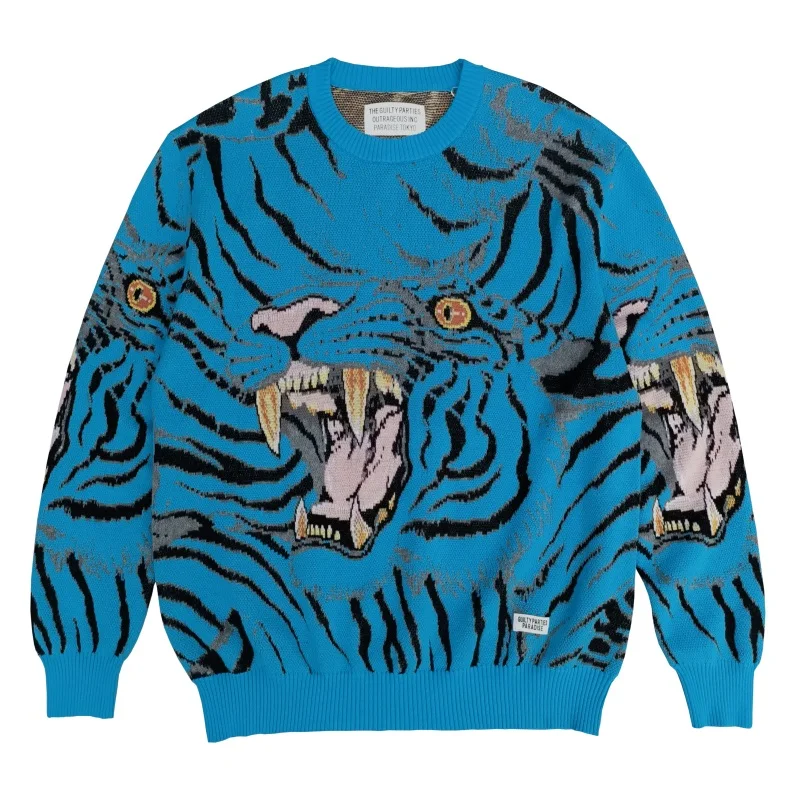 3 Colours WACKO MARIA Vintage Loose Tiger Totem Cotton High Quality Jacquard Winter High-end Mens Womens Pullover Sweater