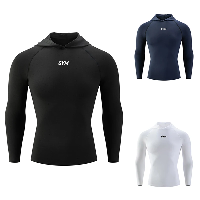 

Мужская компрессионная футболка с капюшоном для бега, спортивная футболка с длинным рукавом, для тренажерного зала, фитнеса, мужской спортивный костюм, спортивная рубашка, топ