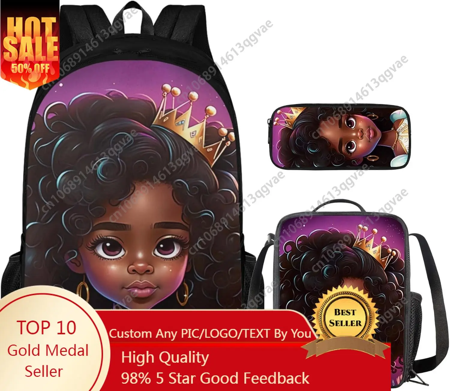 

Princess African Girl Backpack with Lunch Bag Set for Preschool Kids School Bag for Boys Girls Casual Book Bag with Lunch Box an