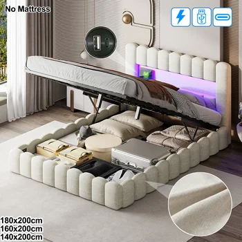 Beige Upholstered Bed, Linen Double Bed with LED Headboard and USB Charging Function, Box Spring Bed Frame with Storage Space