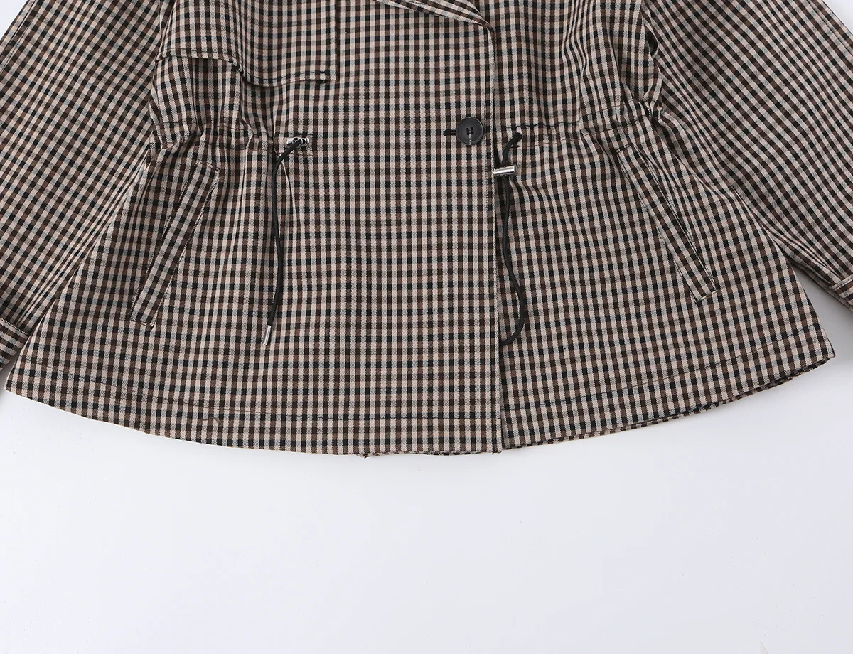 TFMLN Damen-Trenchcoat im Karomuster, Jacke mit Kordelzug zur Taillenbetonung, Umlegekragen, lockerer Schnitt, lange Ärmel, Knopfleiste, modische Oberbekleidung. – Detail 7