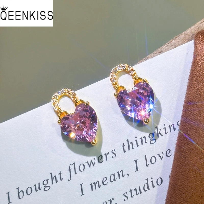 QEENKISS 24KT Gold Shiny Heart Lock Stud Earrings For Women Wedding Party Birthday Christmas Bride Mother Girl Lady Gifts EG5603
