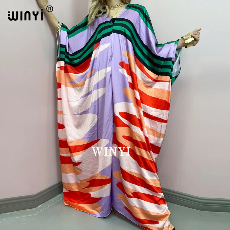 

WINYI Summer Middle East high-quality hand-rolled twill fashion print sexy Maxi women's robes long beach V-neck Bohemian dress