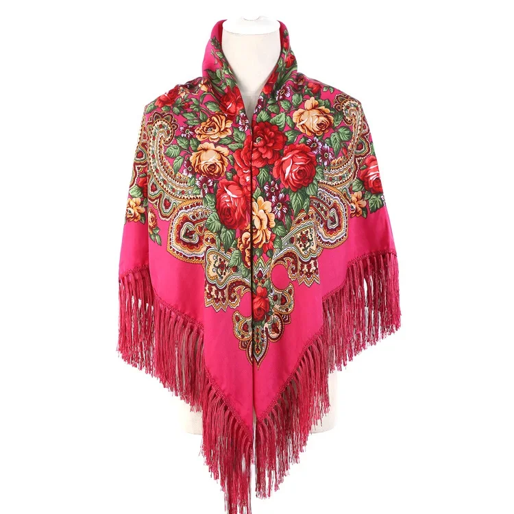 Russian Cloak Large Flower Printed Generous Scarf Women's Shawl Warm Autumn Winter multi-function Scarf Ponchos Capes Rose Red