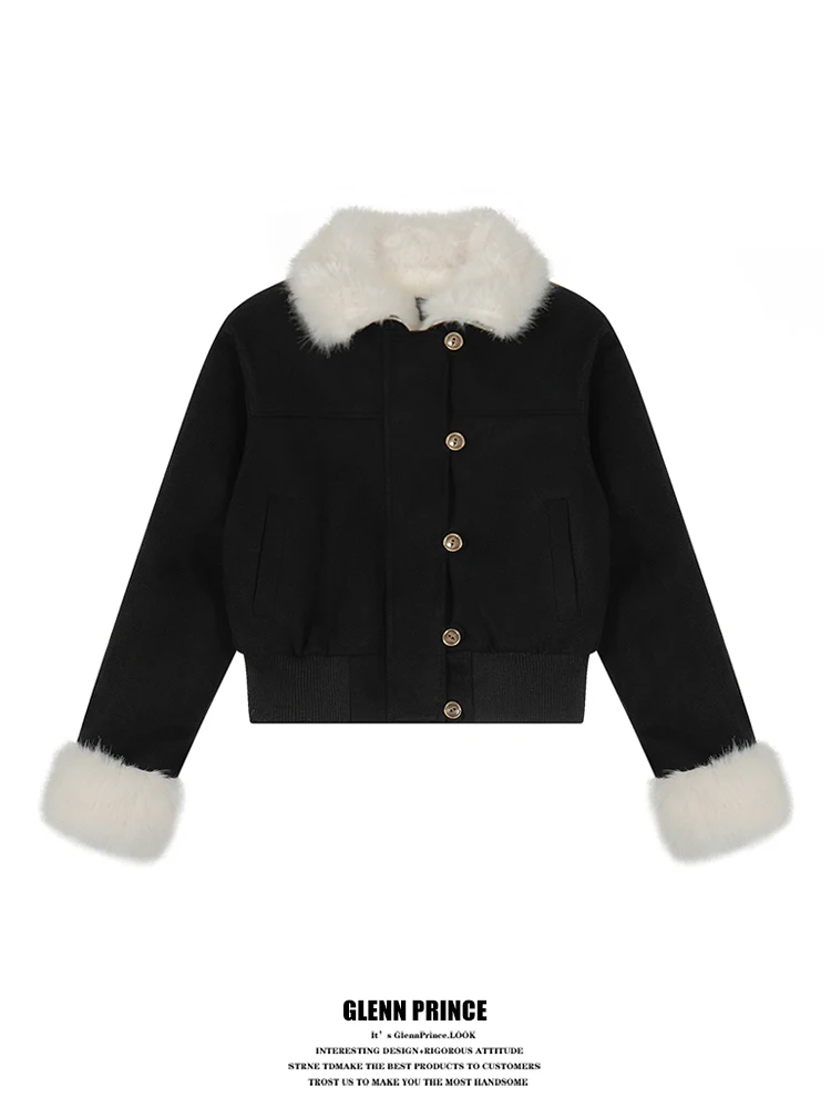 

GPstudio New Suede ort Jaet Women's Cotton Coat Thiened Bla Furry Outerwear Street Sle Winter Warm Long Sve