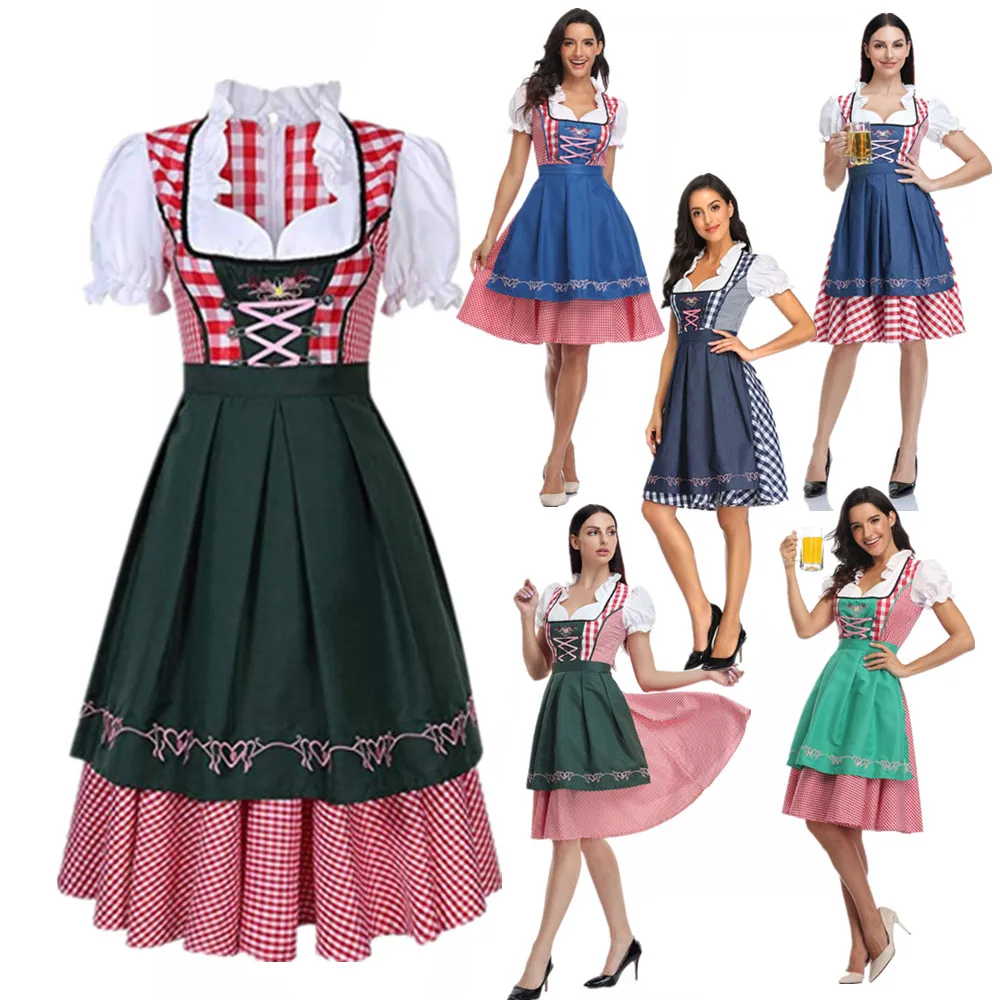 หญิงแบบดั้งเดิม Bavarian Oktoberfest ชุดเบียร์เยอรมัน Wench เครื่องแต่งกายผู้ใหญ่ลายสก๊อต Oktoberfest Dirndl ชุดผ้ากันเปื้อน