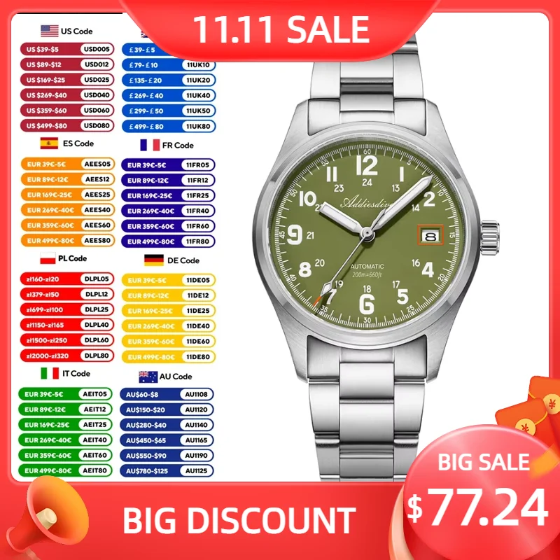

ADDIESDIVE NEW Men's Watch Sapphire Crystal 20Bar Waterproof Super Luminous Stainless Steel AD2070 Automatic Mechanical Watches