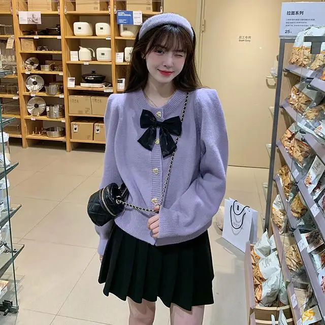 

Вязаный кардиган Sweet Taro с фиолетовым бантом, новый свитер, женский короткий топ