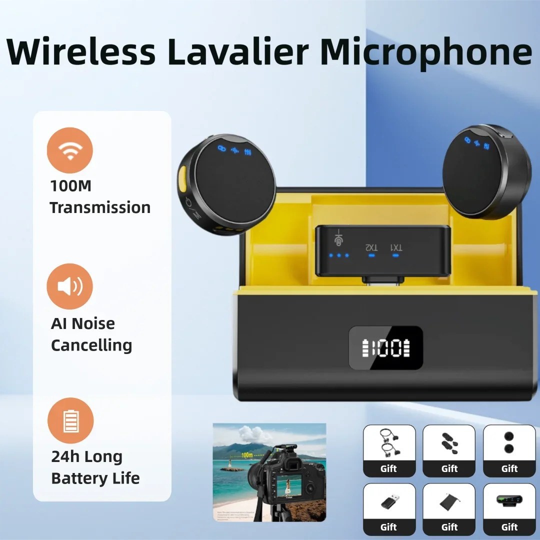 100m磁気ワイヤレスラベリアマイク、aiノイズキャンセリング機能付きカメラ用、ビデオ録画用充電ボックス付き