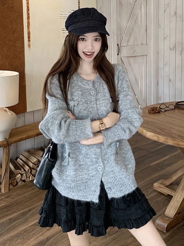 

plus Size Casual Knitted Set with Knot Design High Waist A-Line Short Skirt And Sweater Outerwear for Autumn Fashion