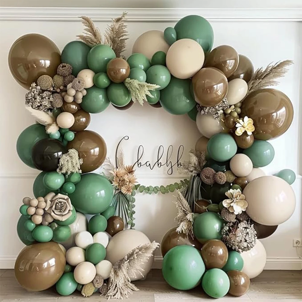 70pcs Green Brown Balloon Garland, Sage Green Latex Balloons White Sand Balloon Arch for Jungle Safari Wild Birthday Decor