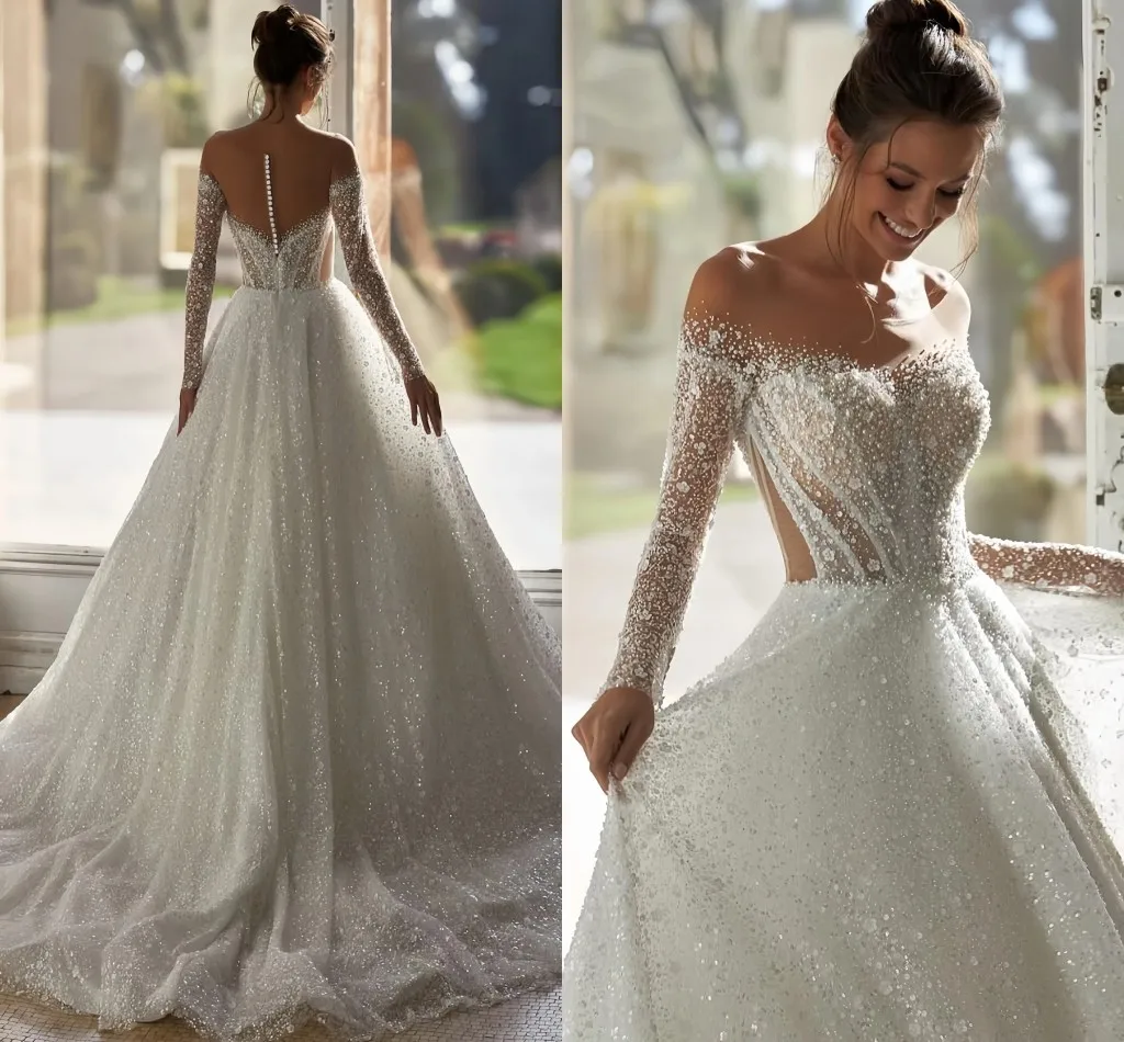

2026 Luxury A-line Wedding Dress Sheer Neck Beads Sequin Long Sleeves Tulle Bridal Gowns Robe De Mairee Vestidos De Noiva