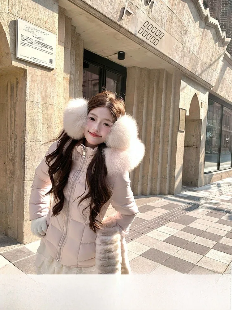 

Женская утепленная зимняя куртка-пуховик розового цвета с капюшоном, теплая верхняя одежда в корейском стиле, укороченная, на молнии