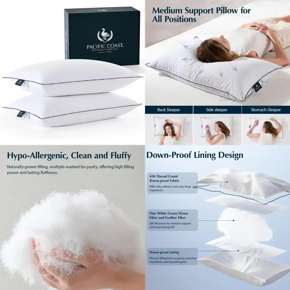 

Luxurious King Size White Goose Down Pillows for Comfortable Sleep, Ideal for Back, Stomach, and Side Sleepers, Set of 2, Hotel-