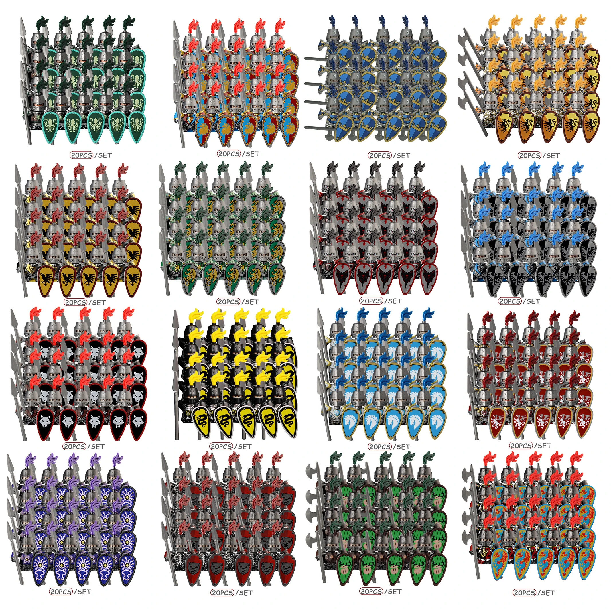 MOC Mittelalterliche Oktopus-Ritter Figuren Bausteine Burgwächter Soldaten Waffen Schilde Armee Speer Rüstung Weste Bausteine Spielzeug