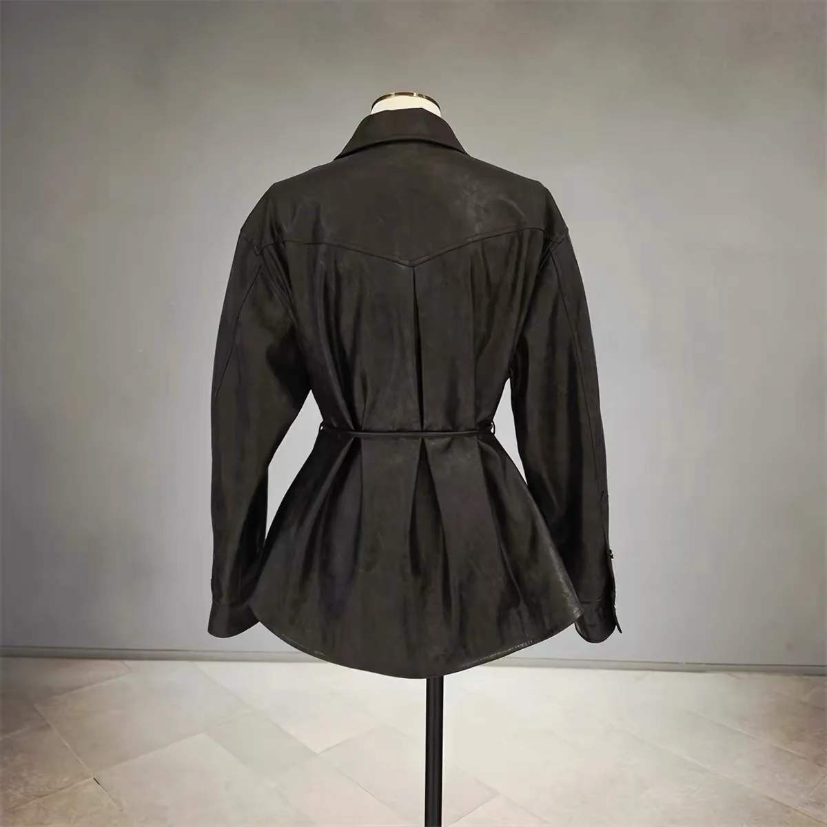 NingYao MIC26 Autumn Casual  Collar Commuter PU Jacket with Waist Belt Motorcycle Style Loose Fit Long Sleeve Short Coat ...