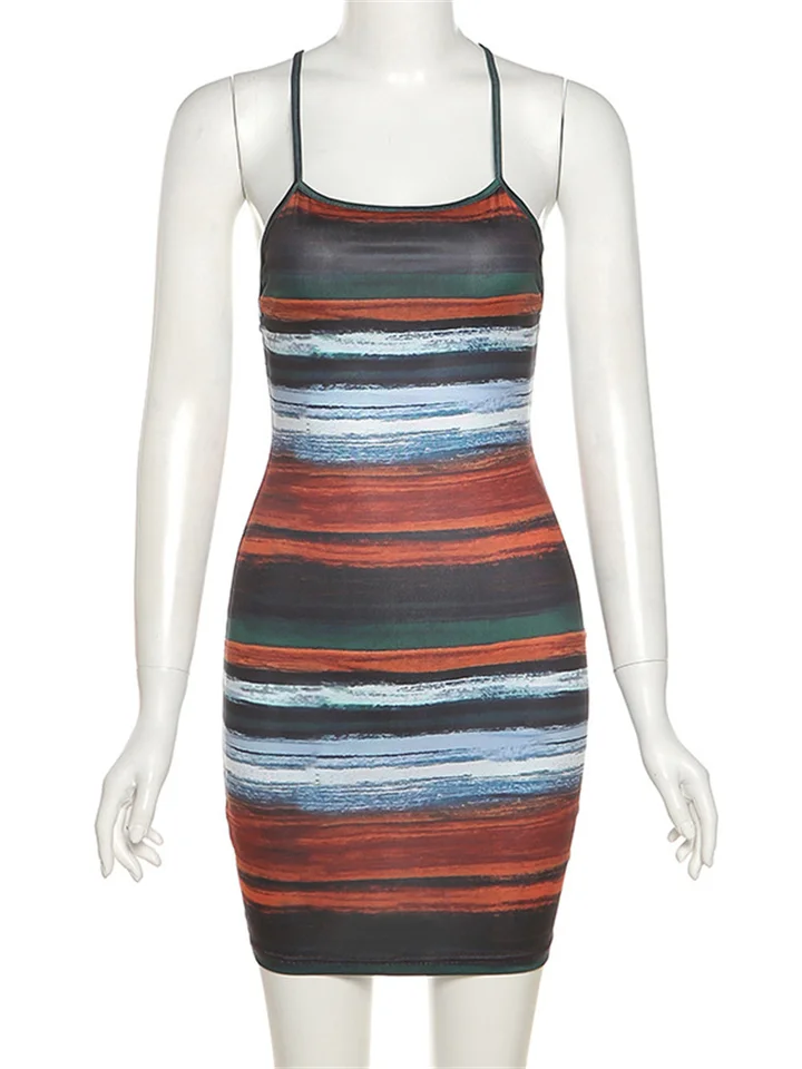Vestido Mini de Paneles y Rayas Kliou, Estético, Sexy para Mujer, Tirantes, Escote en V, Espalda Descubierta, Look Vintage para Fiesta Nocturna 5