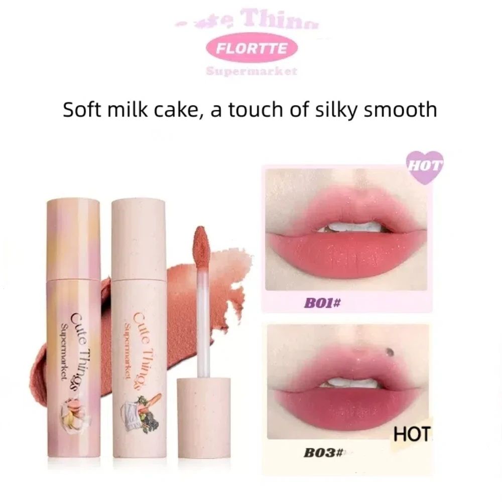 FLORTTE Beauty Milk Cake Lip Cream Lip Mud Matte Liquid Lipstick Waterproof Nude Lip Gloss Long Lasting Non-stick Cup Cosmetics