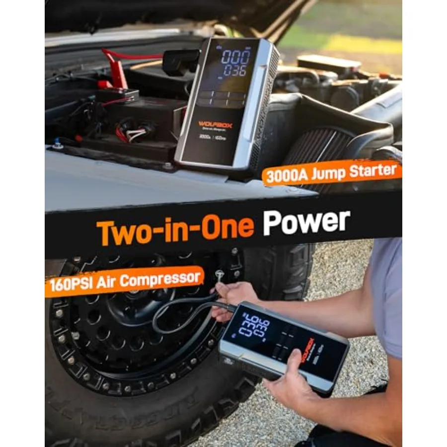 Rozrusznik samochodowy 3000A z kompresorem powietrza 16000mAh 160PSI Przenośny rozrucharka akumulatora samochodowego z szybkim ładowaniem 65W 12V