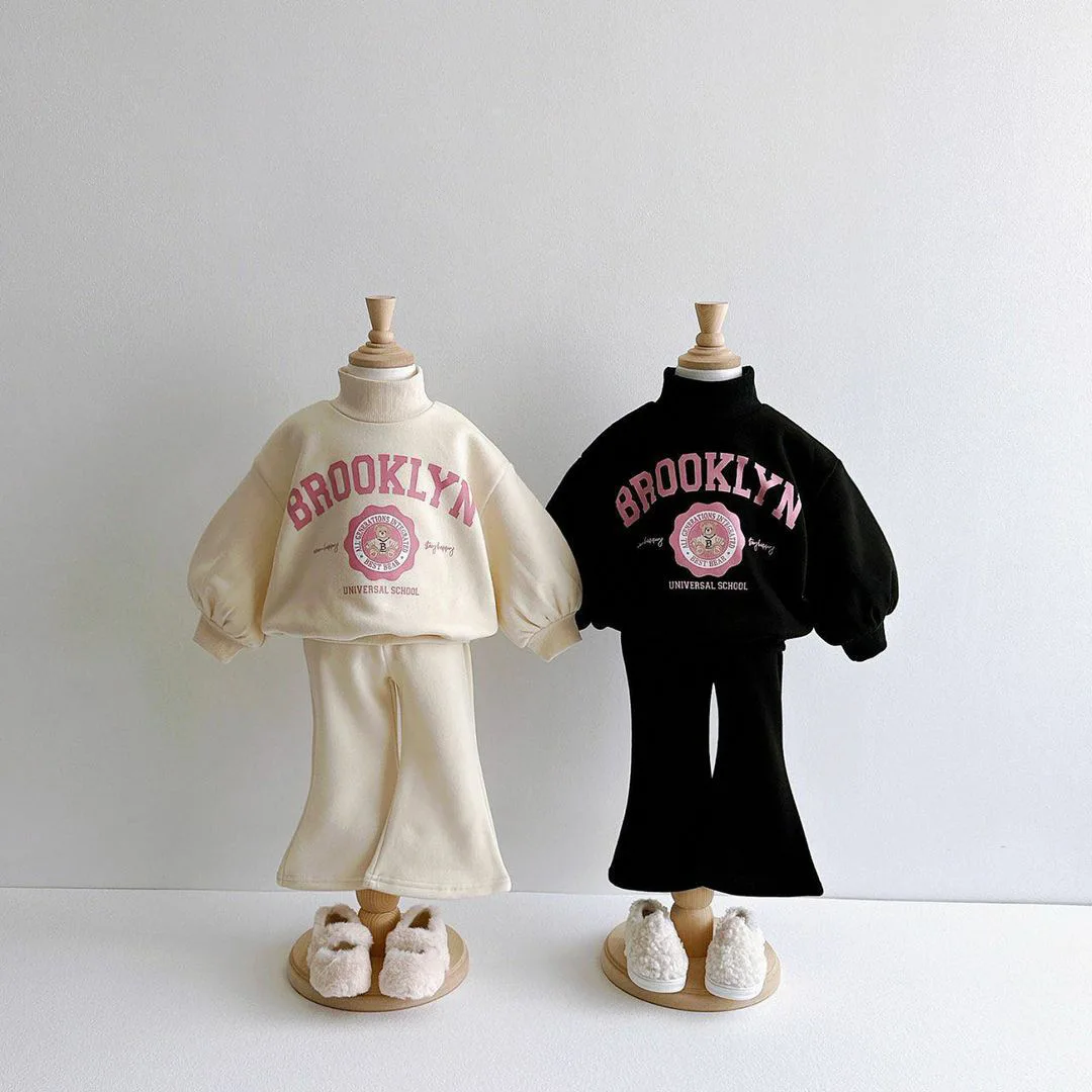 Korean Spring Children Girl 2PCS Clothes Set Cotton Letter Sweatshirt Solid Flared Pant Toddler Girl Outfit Kids Girl Tracksuits