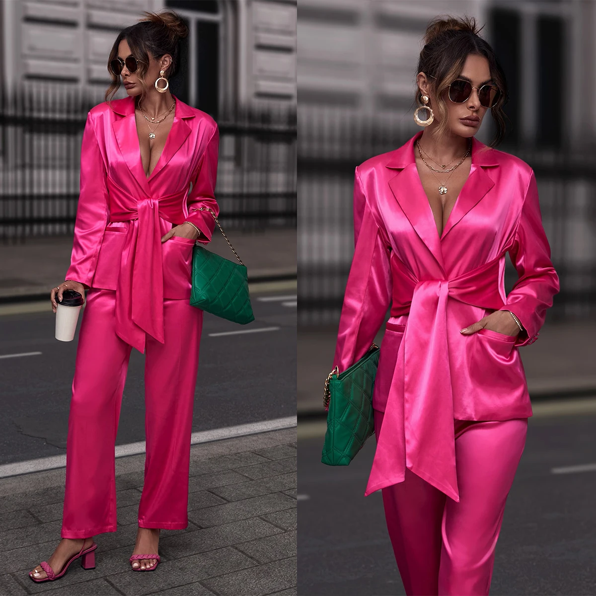 

Spring Soft Satin Silk Women Pants Suit Rose Red Mother of the Bride Wear Evening Party Wedding Formal 2 Pieces