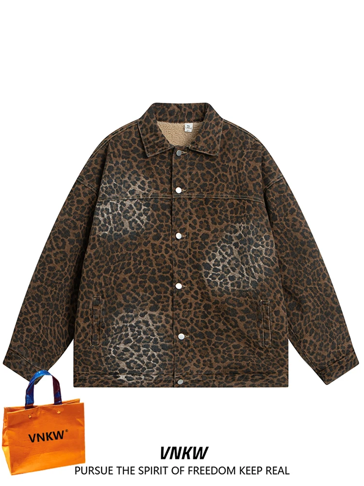 

Retro American High Street Leopard Print Fce Lined Loose Men's Denim Jaet Faionable Workwear Outerwear