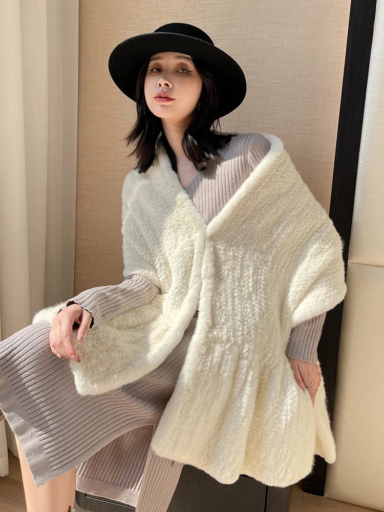 Long Wide Winter Real Mink Fur Scarf Warm Knitted Women Wraps Knitted White  Cape  Shawl Fashion Neck Warmer