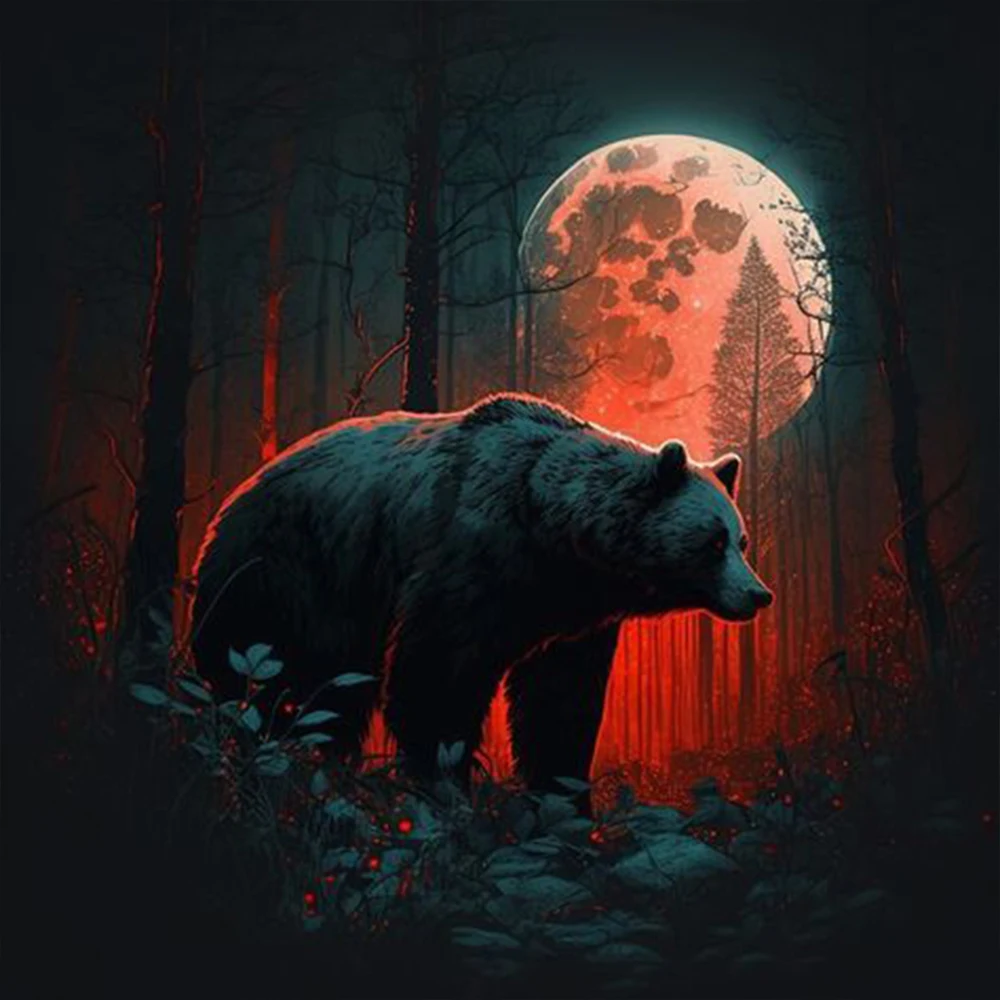 Juego de pintura de diamante de círculo completo DIY, mosaico con patrón de oso pardo nocturno, adecuado para principiantes como regalos de decoración de pared del hogar