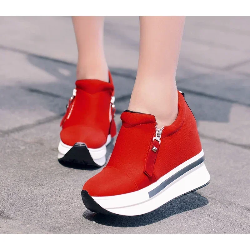 Platform Sneakers Women Red Casual Comfortable Hidden Heel Shoe Black Canvas Shoes Wedge Heels Sneaker Tenis Zapatos Mujer