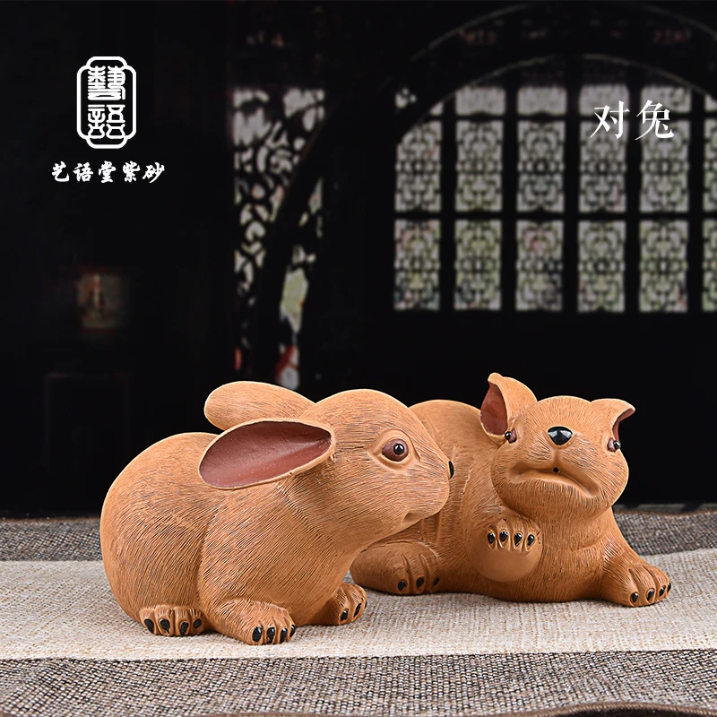 Yixing Purple Sand Pair Fondle Tea Carve Fine Ornaments Zodiac Chinese Zodiac Sign of Rabbit Pair Rabbit Tea Carve Kung Fu Tea T