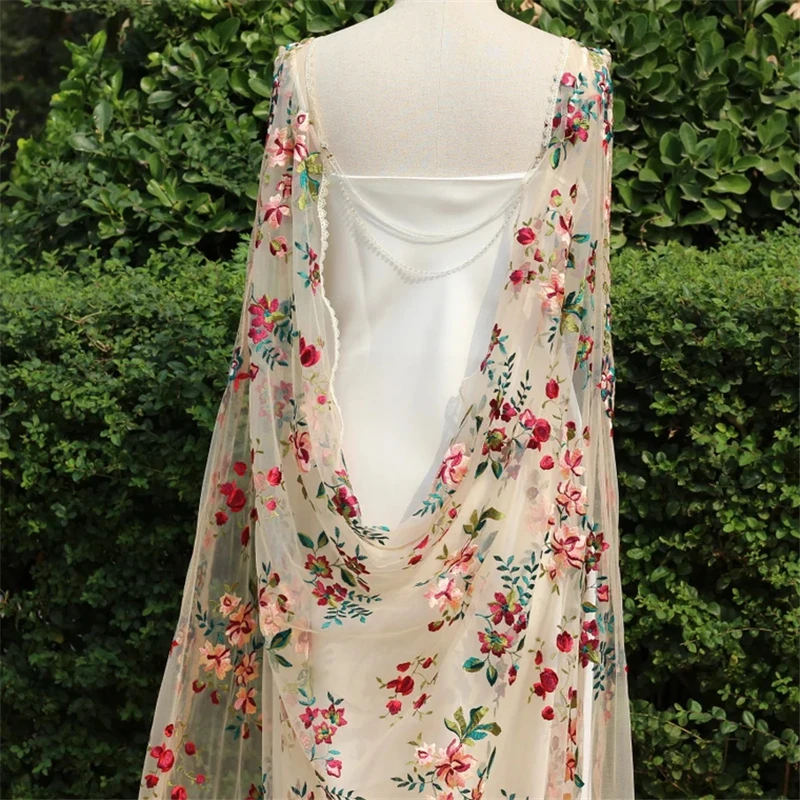 Wedding Bridal Draped Cape Shoulder Veils Party Embroidered Floral Red Pink Flowers Green Leaves Cathedral Long Unique Colorful