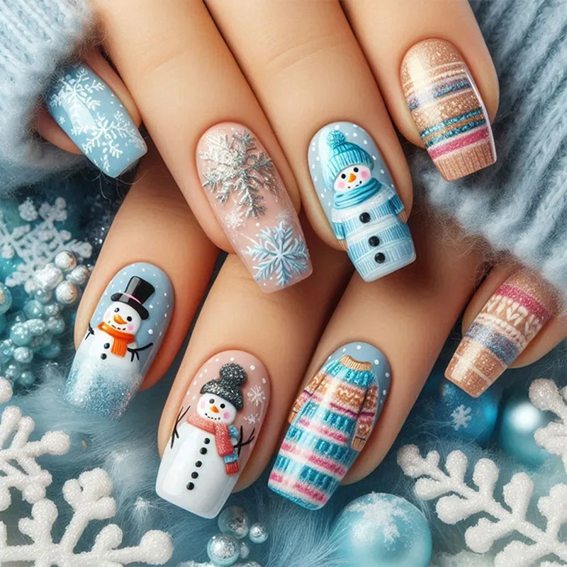 

24Pcs Long Square Press on Nails - White & Sky Blue Snowflake Glitter with Snowman in Striped Outfit | Christmas Design