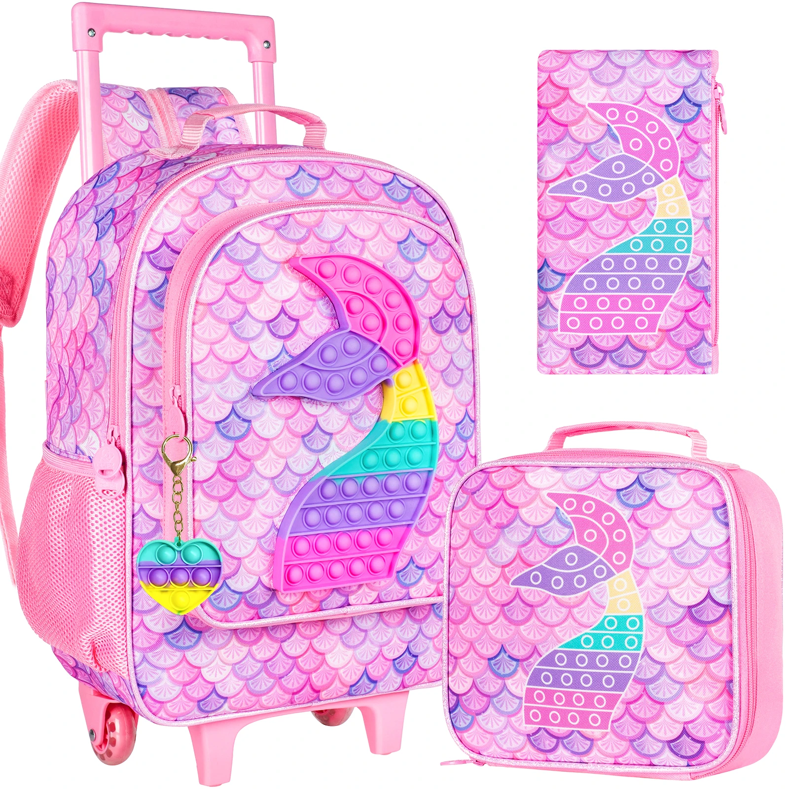 3PCS Rolling Backpack for Boys, Kids Roller Wheels Bookbag, Wheeled School Bag with Lunch Bag - Mermaid Pink