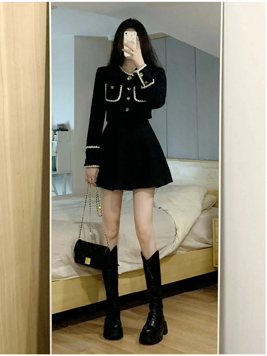 Black Half-length Hepburn Style Set Tea System Spring Autumn New Women's Fashion Ensemble 18-25 Years Old 2024 Spring