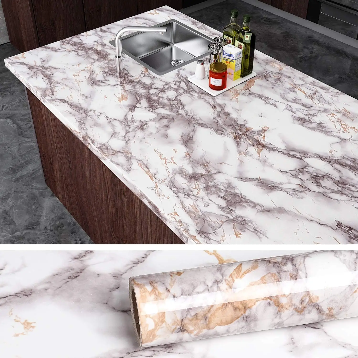 60cm Width PVC Oil Proof Marble Wallpaper for Kitchen Wall Decor Self Adhesive Waterproof Contact Paper for Bathroom Countertop