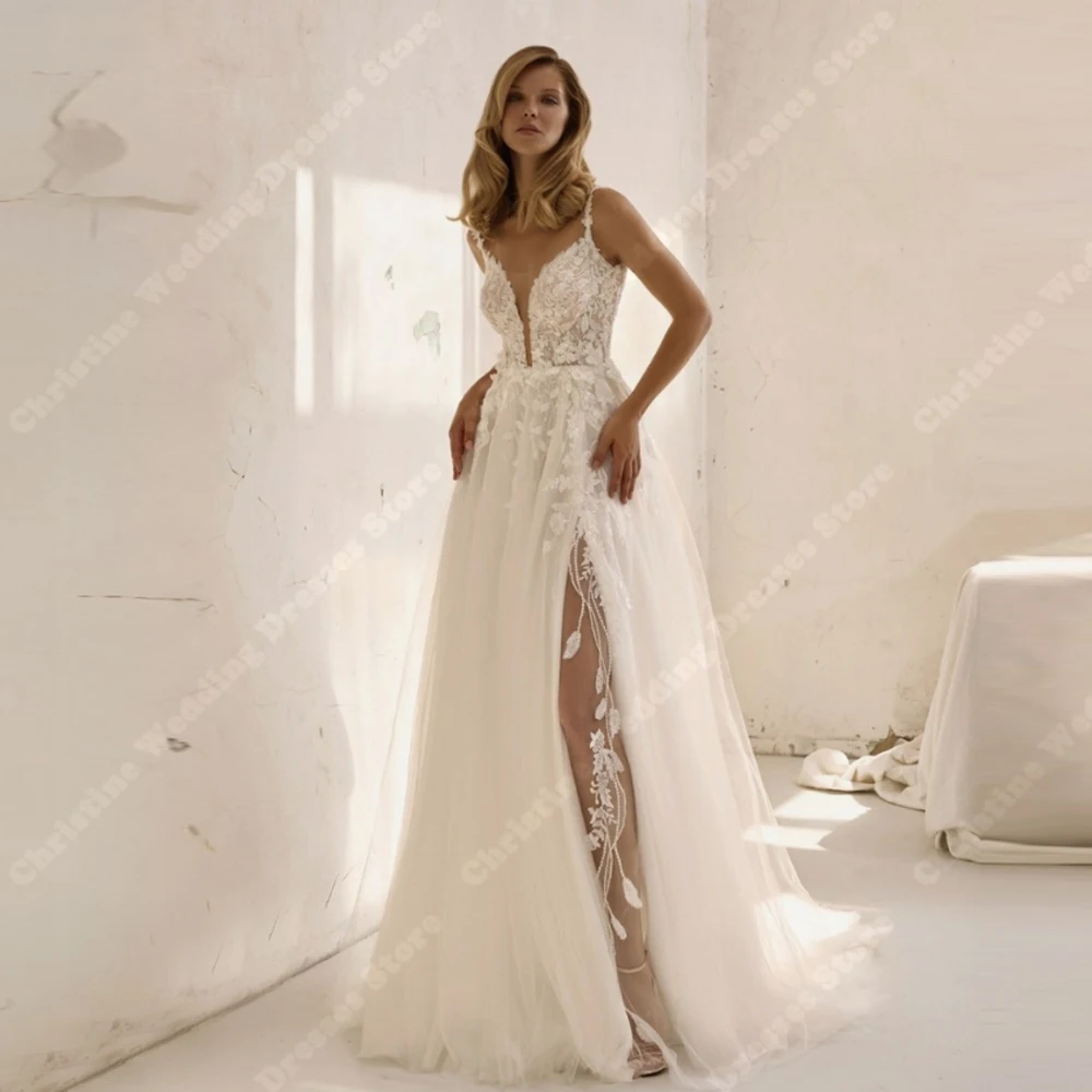 

Sexy V-Neck Sleeveless Women Wedding Dresses Elegant A-Line Tulle Prom Gowns Mopping Length Banquet Vestidos De Novia Customized