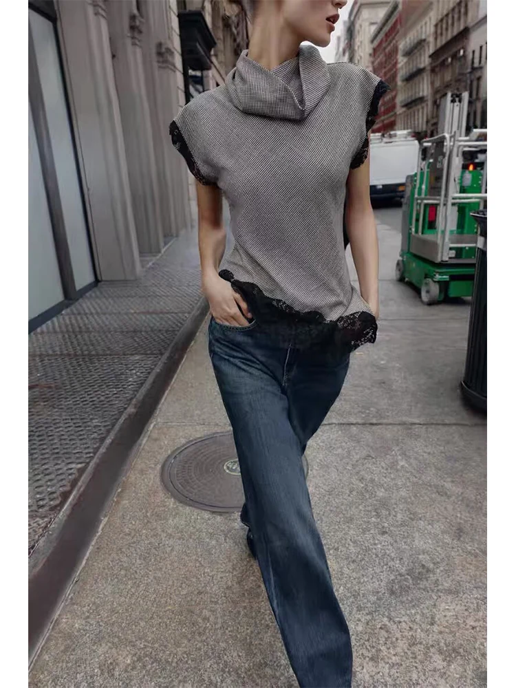 

European-style new women's fashion, versatile, elegant asymmetrical hem, stand collar, sleeveless, lace-trimmed top.