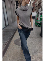 European-style new women's fashion, versatile, elegant asymmetrical hem, stand collar, sleeveless, lace-trimmed top.