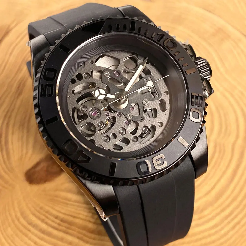 Hollow Skeleton NH70 Mechanical Men Watch 20bar Waterproof Wristwatch 120 Clicks Bezel Curved End Rubber Band Glass Back Rejor