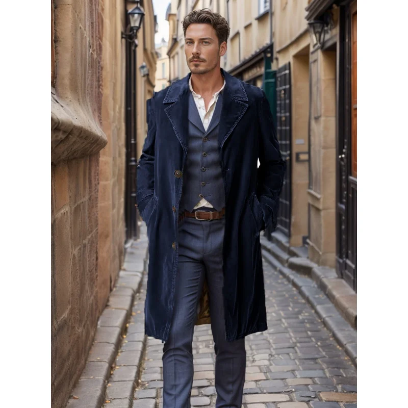 

2024Spring and Autumn Men's Trench Coat Corduroy Mid-Length Single-Breasted Solid Color Coat