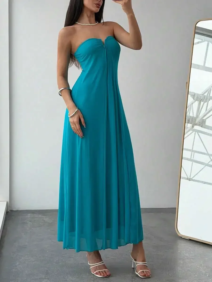 

Strapless Plunging Neckline Maxi Flowy Dress Macaron Blue-Green A-Line Silhouette Party Clubwear