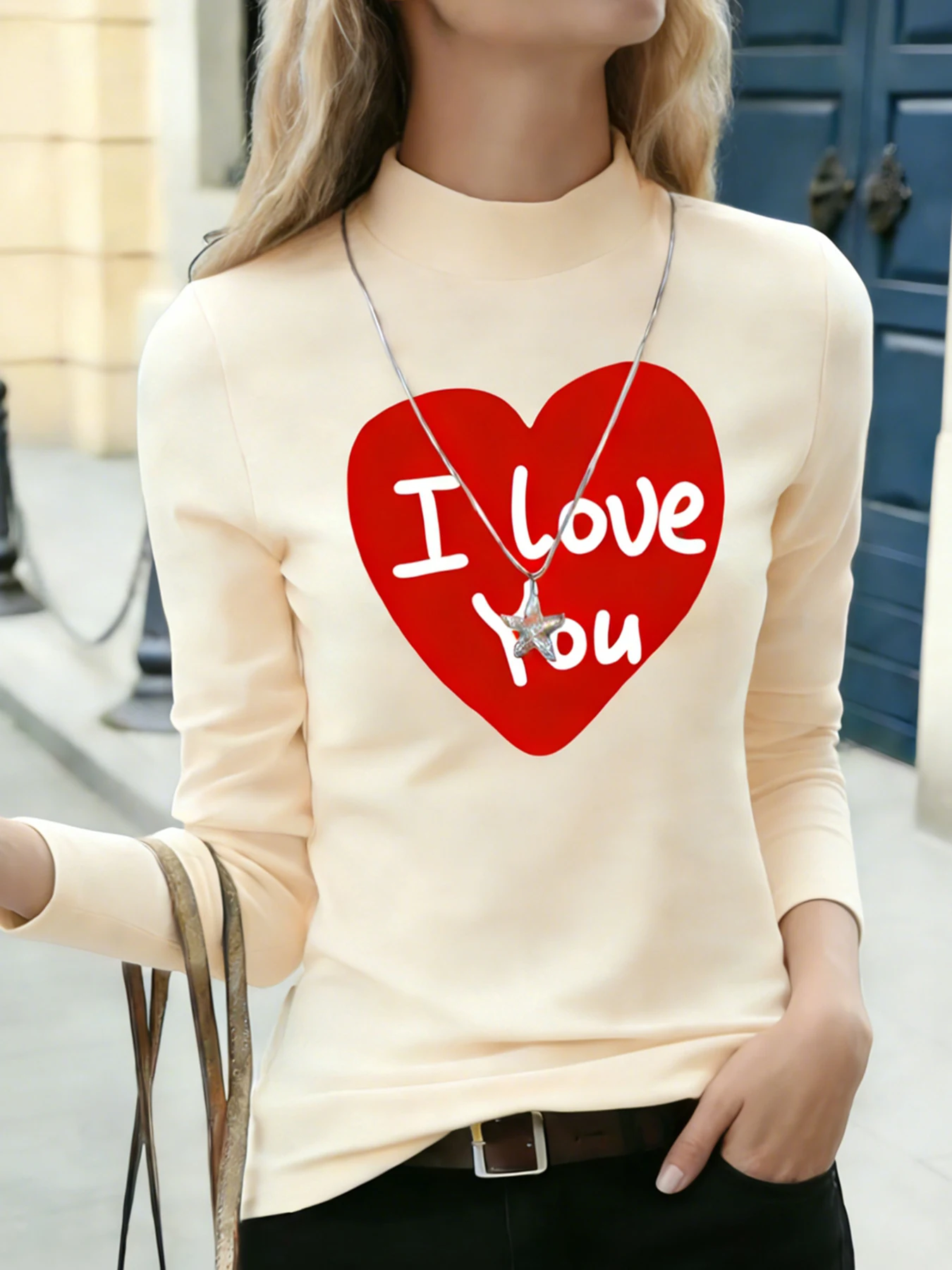 Women Mock Neck Long Sleeve Tops Owl Heart "Ill Owl Ways Love You" Print Casual Blouse Fashion Daily Warm T-Shirt Soft Top