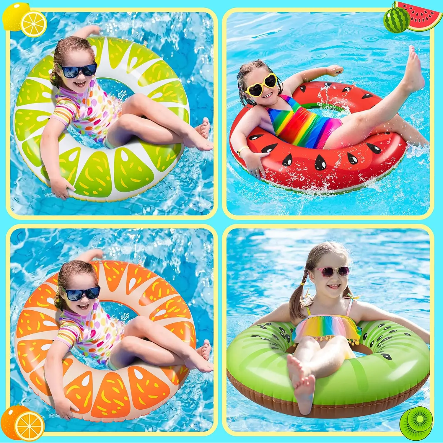 7 peças flutuadores de piscina de frutas: melancia kiwi laranja limão anéis de natação com bolas de praia de 13.5 "tubos infláveis brinquedos flutuadores para ki