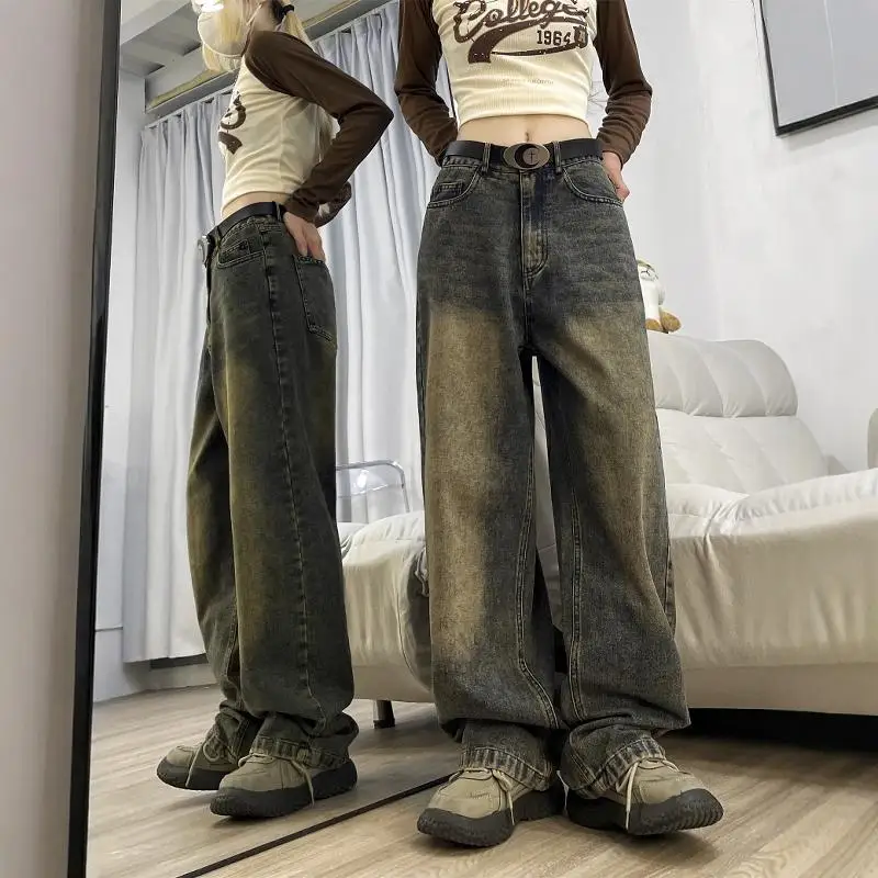 

Large Size 300 Pounds Vintage Distressed Denim Men's Pants Wide Leg Casual Loose Fit American Style Fall Season Wear