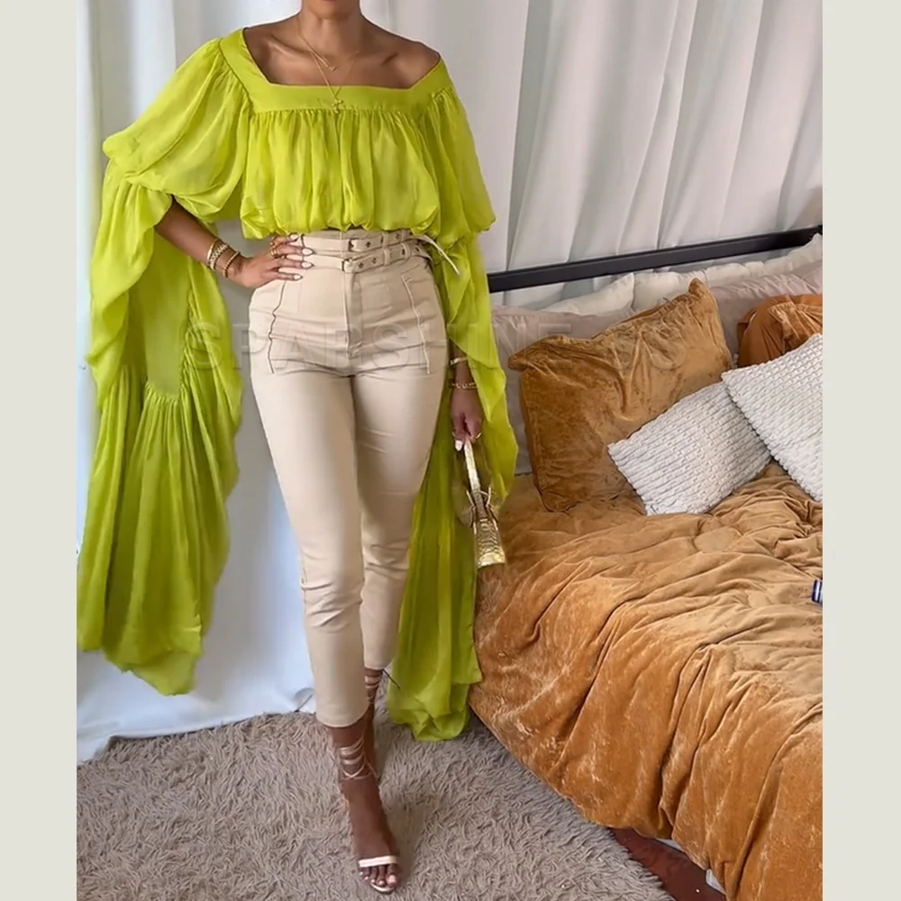 Women Chiffon Crop Top, Puff Long Sleeve Blouse, Square Neck Backless Tie Sheer Shirt for Party Nightclub