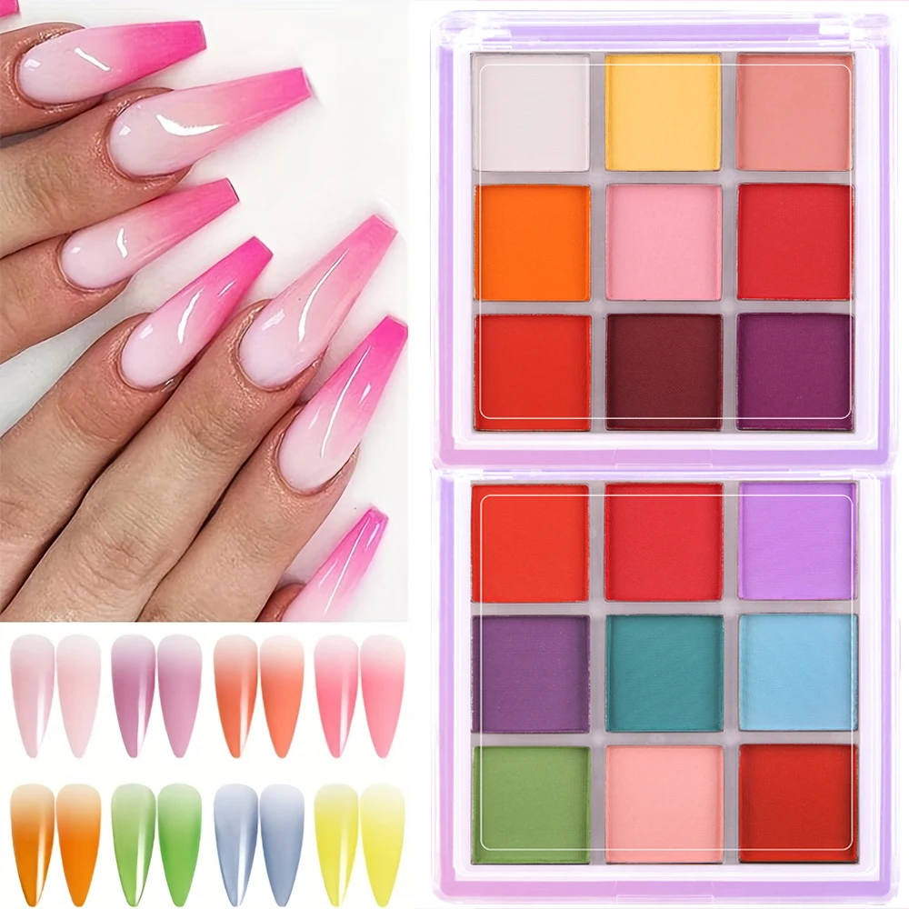 1 Doos Nail Effen Gradiënt Poeder Kit Blusher Palet Pigment 9 Kleuren Nail Art Decoratie Shimmer Matte Fijne Nail Glitter Power &