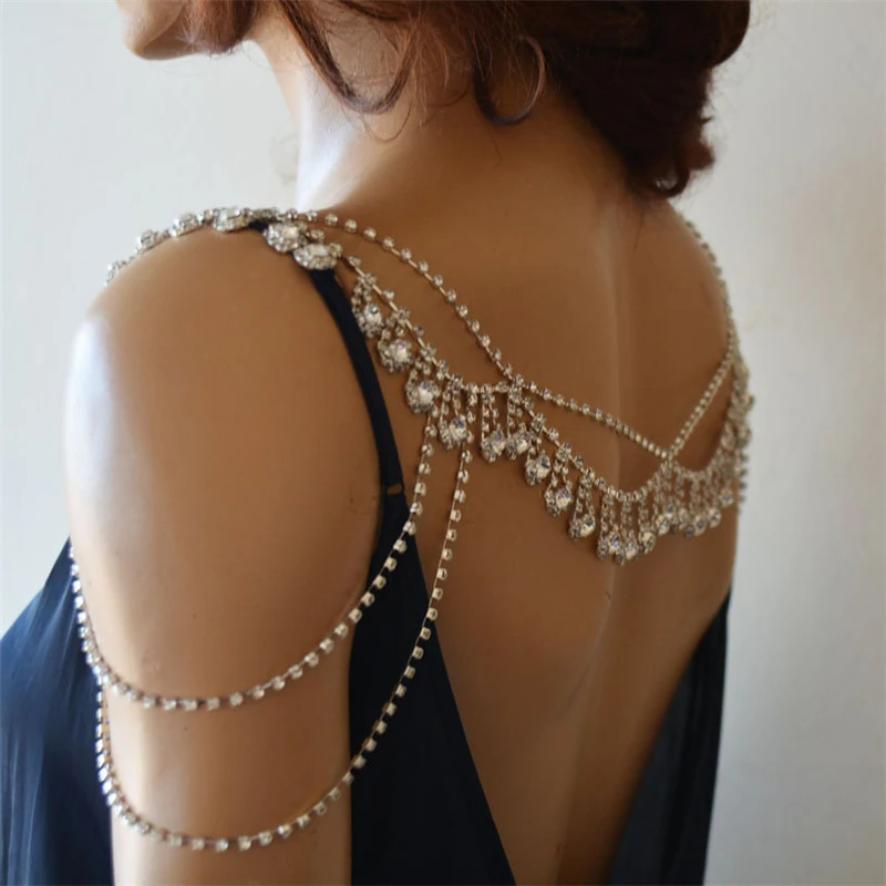 New Handmade Sewing Multilayer Trimming Bridal Crystal Clear Rhinestone Shoulder Chain for Wedding Dress Back Dance Clothes