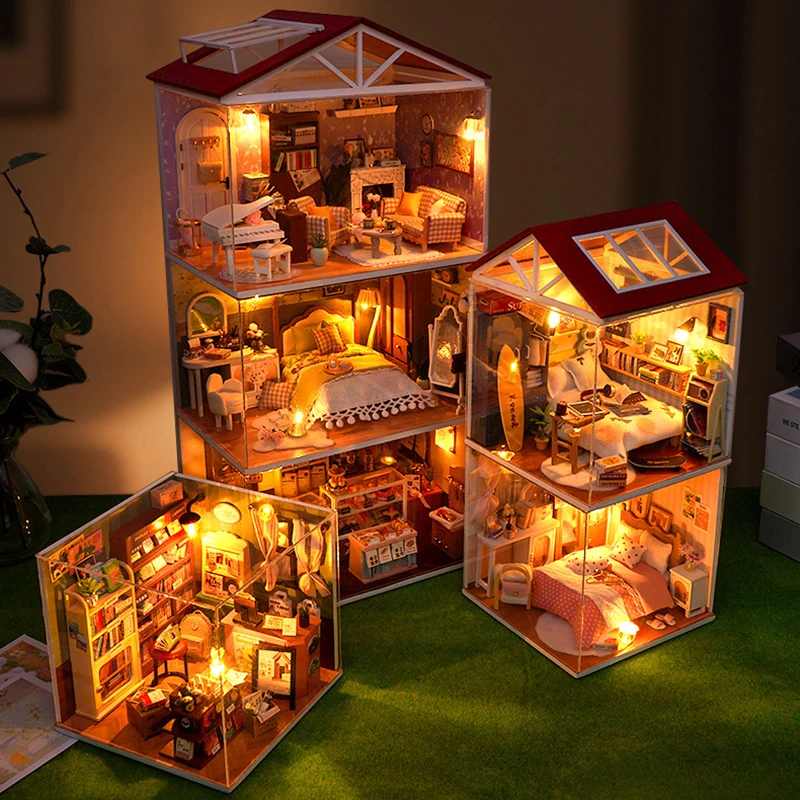 DIY Wooden Dollhouse Mini Bedroom Kitchen Bakery Model Assemble Toys Miniature Furniture Kit Children Adult Christmas Gift Casa