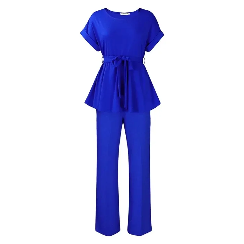 2 Piece African Clothes for Women Summer Elegant Short Sleeve Blue Red White Black Top Long Pant Matching Sets Africa Clothing image 3